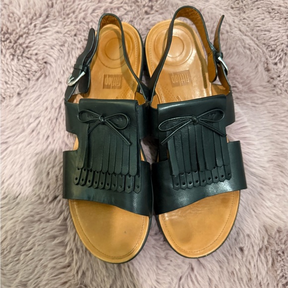 Fitflop Black Leather Sandals with Fringe Detail - Picture 1 of 10